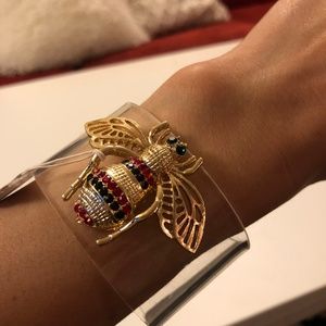 Gold Jeweled Bee Cuff on Clear Acrylic